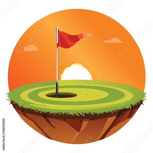 Golf Course Hole with a Flag on a Floating Island