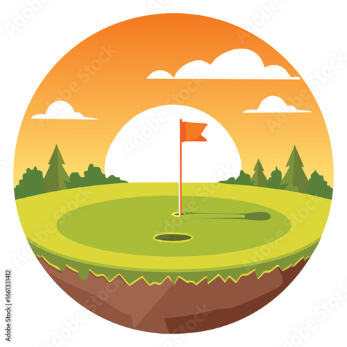 Golf Course Hole with a Flag at Golden Sunset