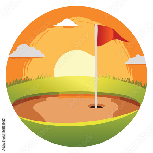  Golf Course Hole with a Red Flag at Sunset