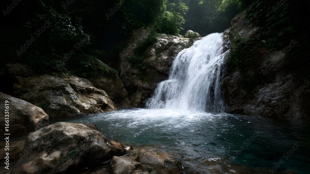 Fototapeta premium Cascading waterfall in a lush jungle setting