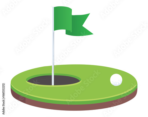 Green flag next to a golf hole with a white ball on the course, ready to putt