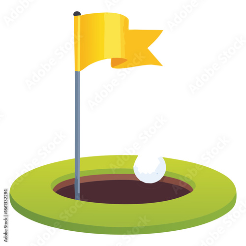 Close-up vector illustration of a yellow golf flag in a hole, with a golf ball positioned right next to it