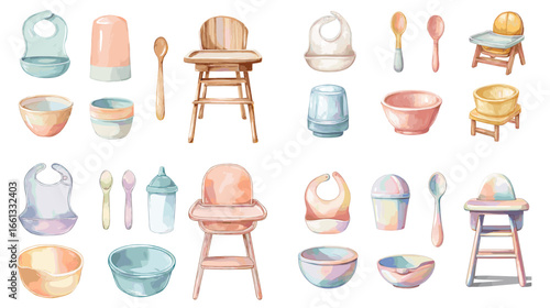 Watercolor illustration of high chairs, bibs, bowls, bottles, and spoons in pastel tones. Ideal for parenting, childcare, and baby product design.