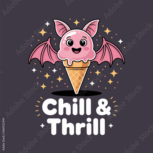 Chill and thrill ice cream, bat ears and wings, heart cone character, night sparkle, cute halloween snack, vector clipart, sticker design, teen style graphic