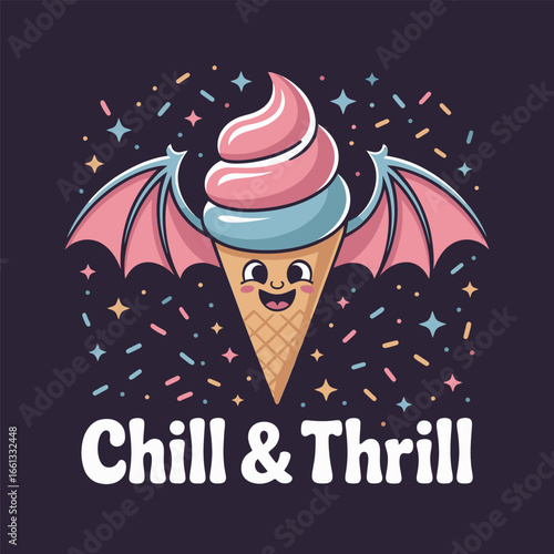 Chill and thrill cone, pink and blue swirl, bat wing accent, retro cartoon vector, streetwear print, poster template, fun dessert art, seasonal party design