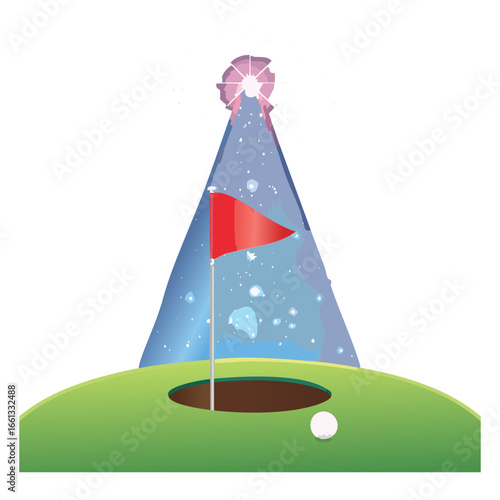 Illustration of a surreal, triangular golf hole island