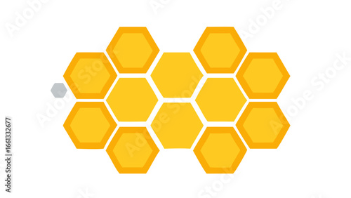 A cluster of golden yellow hexagonal honeycomb cells with a single grey hexagonal cell on the left isolated on transparent background isolated on white background