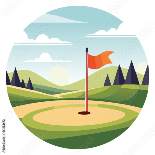Cartoon Illustration of a Golfing Scene with Rolling Hills
