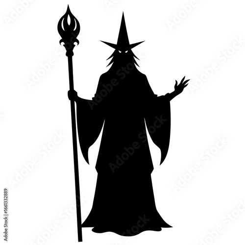 Silhouette of a menacing wizard with a pointed hat and staff casting a spell with glowing eyes and outstretched hand isolated on white background isolated on transparent background
