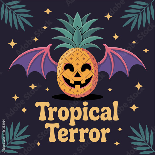 Bat wing pineapple jack o lantern, tropical terror lettering, spooky island night, cartoon vector illustration, Halloween party poster, sticker design, printable graphic