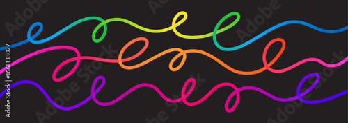 Abstract Color Lines Pattern. Wave Shape Gradient Continuous Line on Black Background. Vector Swirls and Curve 3D Graphic Elements