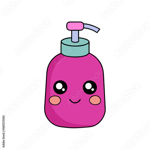 Adorable kawaii pink soap dispenser with a cheerful face cute blush cheeks and a playful expression isolated on white background isolated on transparent background