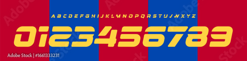 Sport numeric font, dynamic football team numbers letters alphabet, bold rounded jersey typography. Numeric symbol set for sportswear design, modern soccer league typography. Vector typeset
