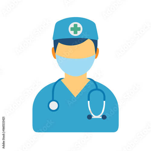 Stylized illustration of a medical professional wearing a surgical cap and mask with a stethoscope around their neck isolated on transparent background isolated on white background