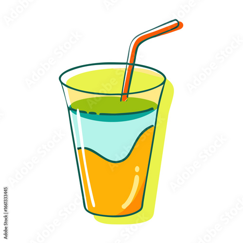 Colorful layered beverage in a glass with a straw and a yellow outline isolated on transparent background isolated on white background
