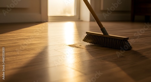 Wallpaper Mural Broom Sweeping Wooden Floor with Sunlight: Daily Chores with Copy Space Torontodigital.ca