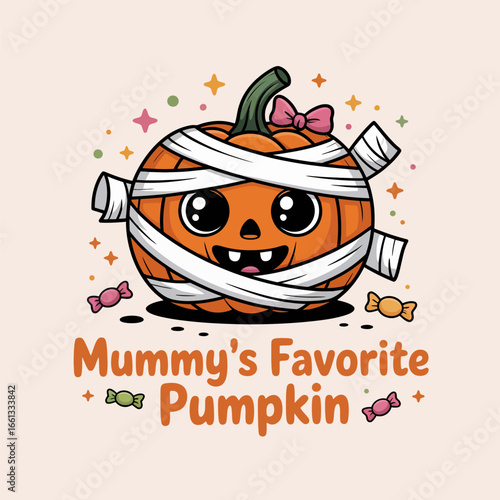 Mummys favorite pumpkin cute wrapped jack o lantern surrounded by stars and sparkles adorable Halloween label for stickers tags shirts posters vector