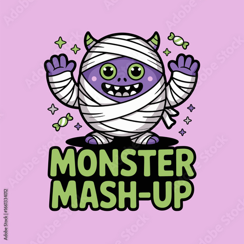 Monster mash up bold green title on purple square playful Halloween typography for posters banners sticker sheets t shirts social media vector