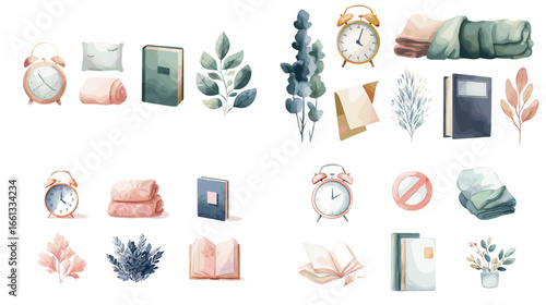 Watercolor cozy lifestyle illustration with books, plants, clocks, pillows, and blankets in soft pastel tones. Great for home decor, relaxation, and hygge concepts.