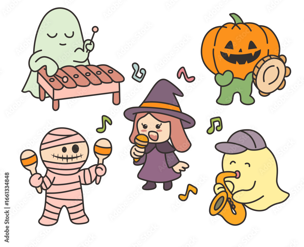 Fototapeta premium Halloween music band with cute ghost, witch, mummy, and pumpkin characters playing instruments and singing joyfully