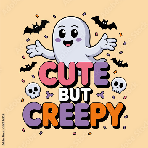 Cute but creepy ghost, smiling character with skulls, pastel orange background, playful halloween message, vector illustration, sticker design, kids friendly graphic, social post