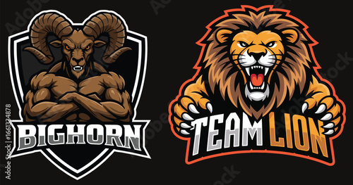 Bighorn Ram Mascot Logo and Team Lion Mascot Logo on Black Background vector illustration