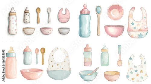 Watercolor baby feeding set illustration with bottles, bowls, spoons, and bibs in soft pastel colors. Perfect for childcare, parenting, and baby product design.