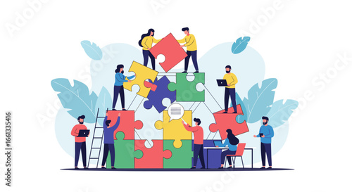 Creative team assembling a complex puzzle together showing collaboration and shared effort to achieve a common goal