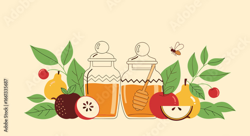 Autumn harvest flavors sweetness and abundance featuring fruits honey and a bee