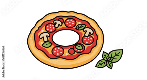 A detailed illustration of a delicious pizza with pepperoni, mushrooms, and basil.