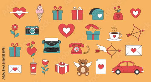 Collection of romantic valentine day themed icons featuring hearts gifts flowers cupid and sweet gestures