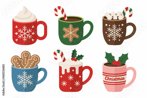 Holiday coffee cup bundle, cocoa mugs with snowflake pattern, cinnamon sticks sprinkles, cute winter drink, cafe graphic, vector icons, Christmas party art, decorative elements