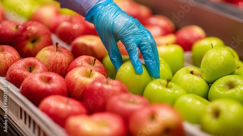 A hand in a blue glove reaches for a green apple among red apples in a grocery store.