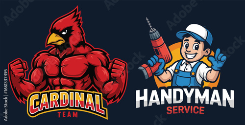 Muscular Cardinal Mascot and Handyman with Drill on Dark Background bird strong