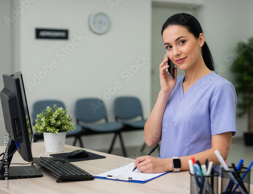 Healthcare administration staff serves calls while writing on paper.
