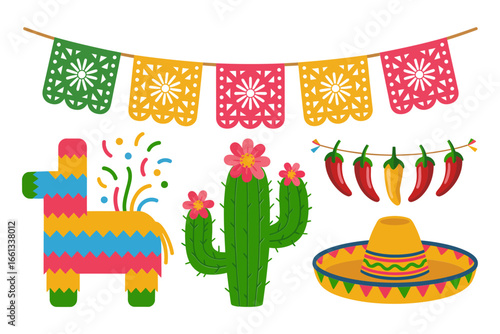 Fiesta banner set, pinata cactus sombrero, papel picado strings, chili garlands, colorful celebration vector