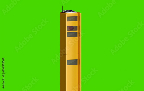 High-Quality 3D Illustration of Solar Powered Speed Radar Camera with Green Chromakey Background