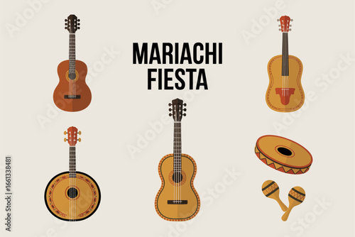 Mariachi instruments poster, acoustic guitars and maracas, decorative badge, festival music vector illustration