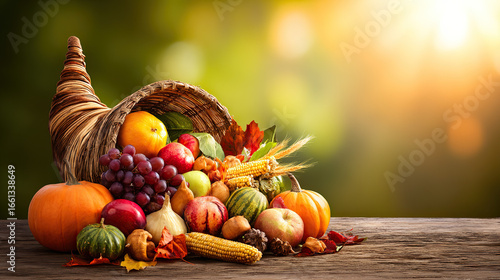 Cornucopia overflowing with seasonal fruits and vegetables, bathed in soft golden sunlight against a wooden table.