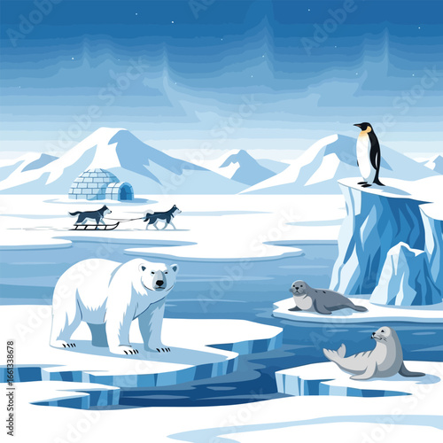 Arctic Wildlife Polar Bears, Penguins, and Seals in Frozen Landscape