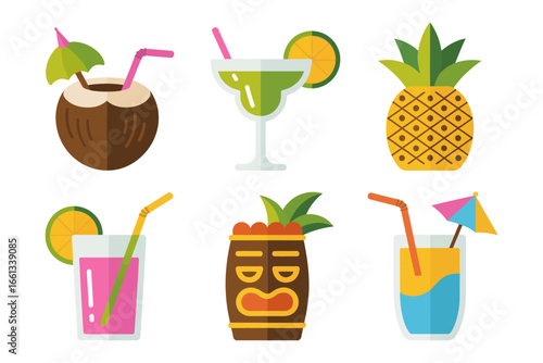 Exotic drink icons, coconut pineapple watermelon cocktail, tall glass with straw, tiki mug, beach bar clipart, colorful vector set, refreshing beverage design