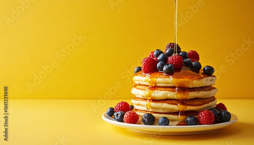 Wallpaper Mural Pancakes Stacked with Berries and Syrup on Yellow Background Torontodigital.ca