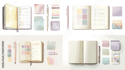 Watercolor illustration set of planners, journals, sticky notes, and pens, perfect for stationery, productivity, organization, and creative design projects.