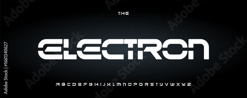 Geometric stencil alphabet, bold rounded cutout letters, futuristic tech font for digital IoT headline, sci-fi title, cyber security typography. Wide modern typographic design. Vector typeset.