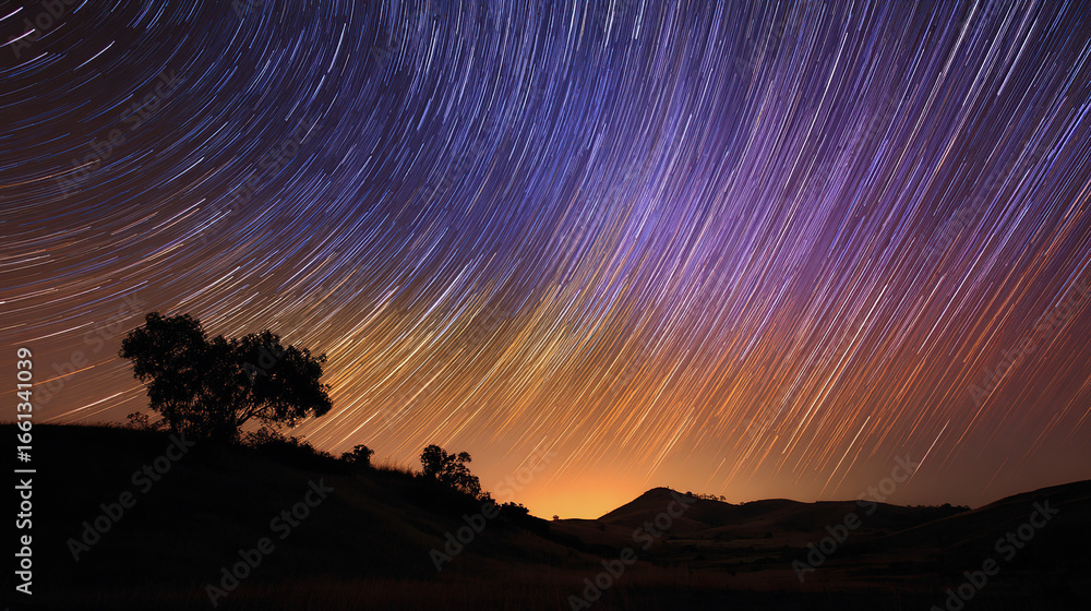 Obraz premium Star trails creating a radiant shower pattern above a silhouetted observer, immersed in celestial glow.