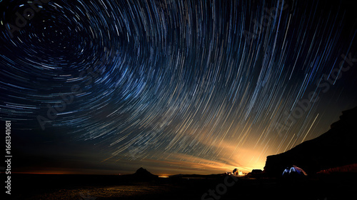 Star trails creating a radiant shower pattern above a silhouetted observer, immersed in celestial glow.