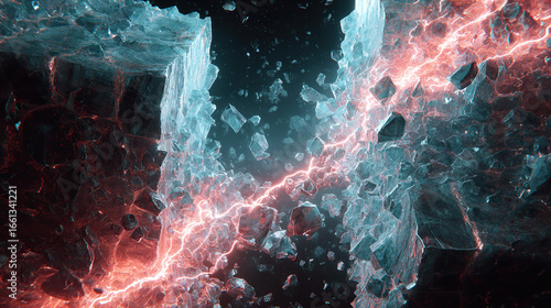 X-ray illustration of a digestive tract with geometric particles transforming into bio-luminescent flora.