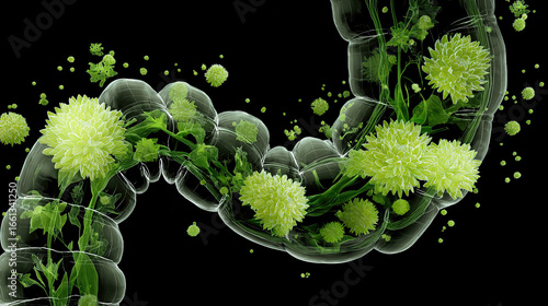X-ray illustration of a digestive tract with geometric particles transforming into bio-luminescent flora.