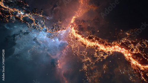 X-ray illustration of a digestive tract with geometric particles transforming into bio-luminescent flora.