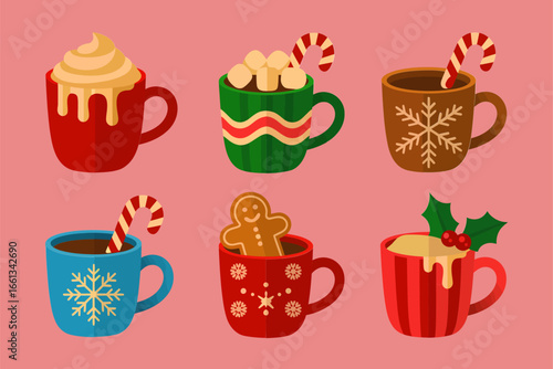 Cozy holiday mugs vector, hot cocoa cups, whipped topping, candy cane, festive drink set, warm beverage clipart